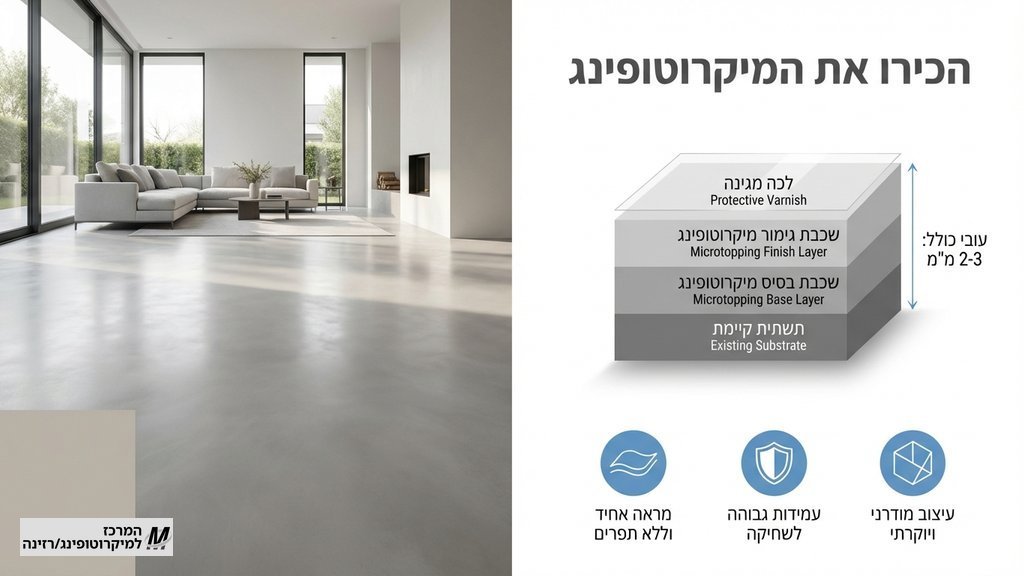 סלון מעוצב עם רצפת מיקרוטופינג אפורה ללא חיבורים