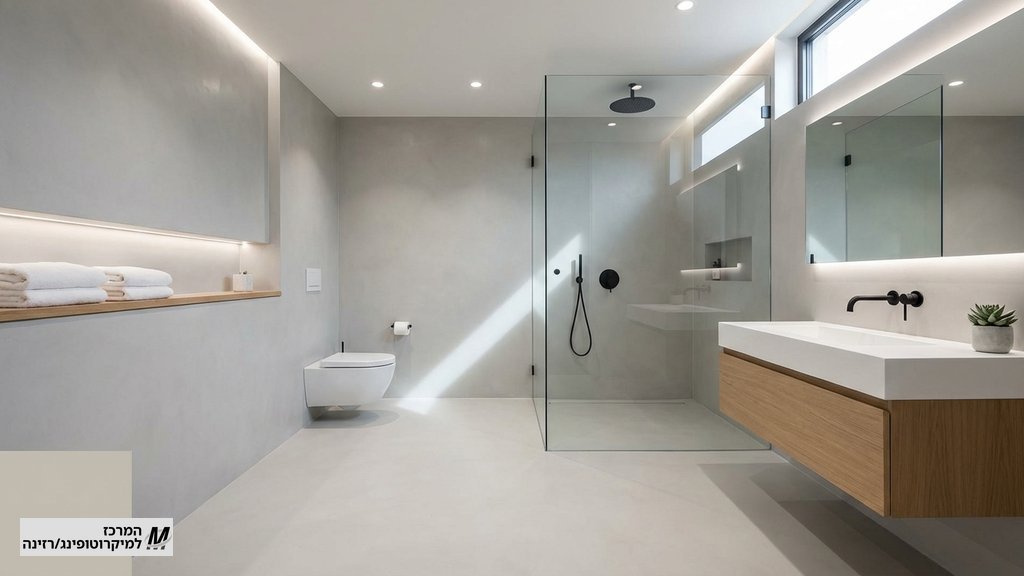 נוצר על ידי מודל בינה מלאכותית Gemini Pro חדר רחצה מעוצב עם חיפוי רזינה רציף ברצפה ובקירות, מקלחון זכוכית, ללא פוגות