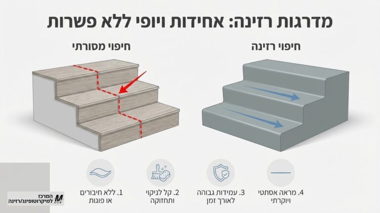 מדרגות פנים מעוצבות בחיפוי רזינה בגוון אפור בטון במראה מודרני ונקי