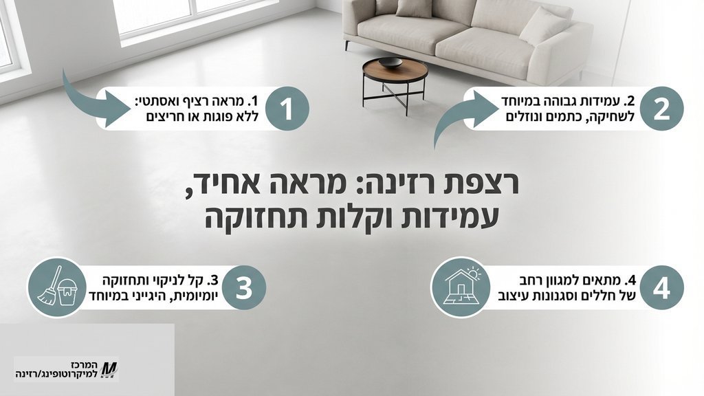 נוצר על ידי מודל בינה מלאכותית Gemini Pro ריצוף רזינה בסלון מודרני במראה בטון רציף ונקי