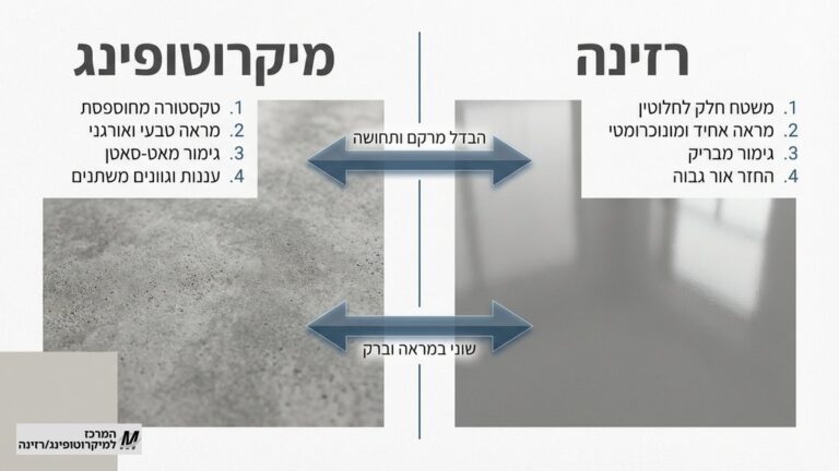 השוואה ויזואלית בין טקסטורת מיקרוטופינג מחוספסת ועננות בטון לבין משטח רזינה חלק ואחיד